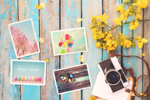 Fotokarten mit Frühlingsmotiven auf einem pastellfarbenen Tisch mit Kamera und gelben Blumenblüten