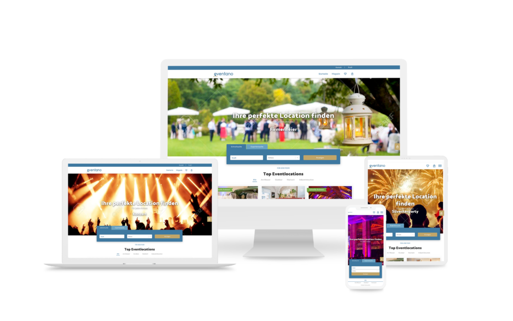 Das Suchportal für Eventlocations eventano auf verschiedenen Bildschirmen