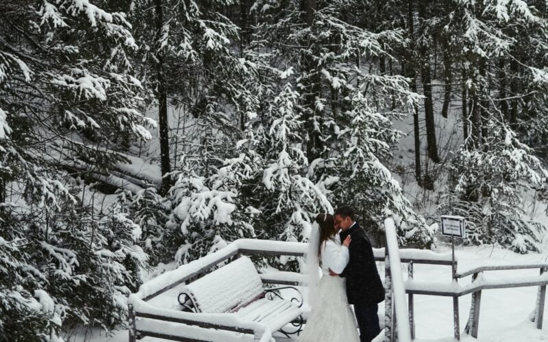 Küssendes Hochzeitspaar mit weißem Brautkleid im Freien umzingelt von Bäumen bedeckt mit Schnee