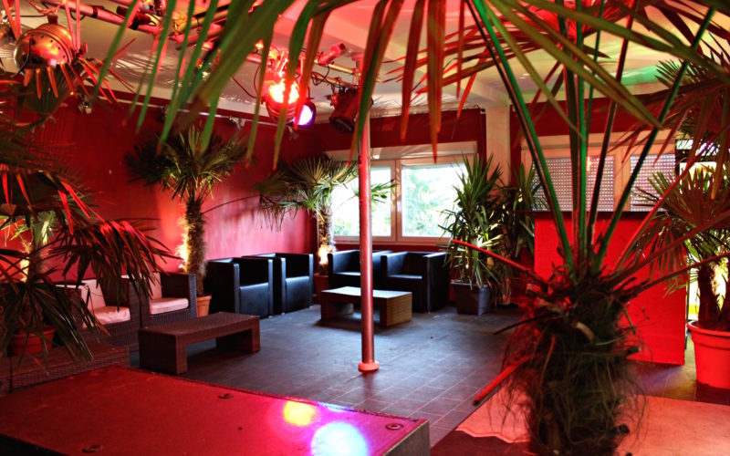 Eventraum mit roten Wänden, vielen Palmen und Sesseln; Party in München