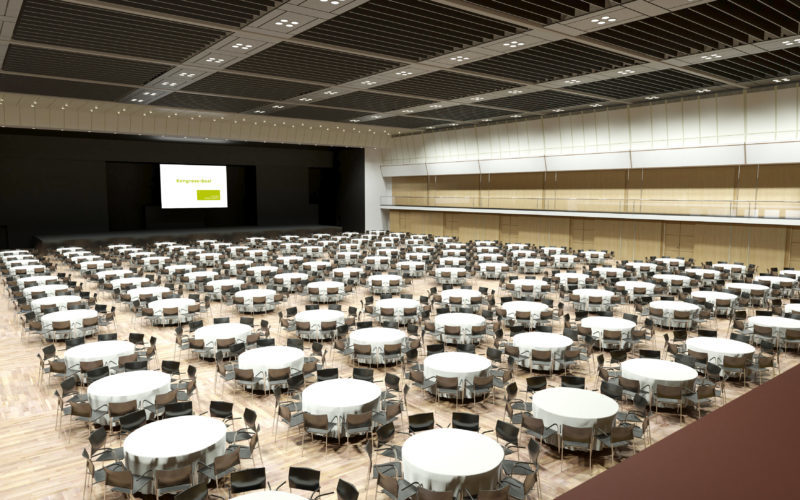 sehr viele aufgebaute runde Tische vor einer Bühne, Kongresshalle und Kongresszentrum in Wiesbaden