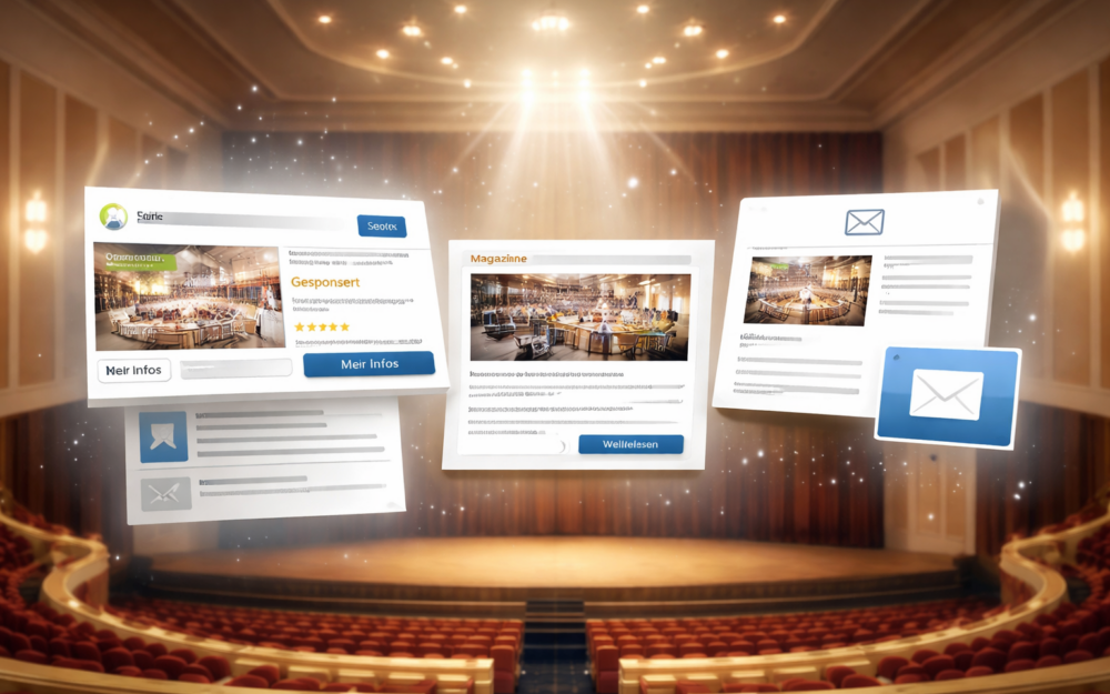 <p data-start="407" data-end="570"><strong data-start="407" data-end="441">Platzierung auf der Startseite</strong><br data-start="441" data-end="444" />Maximale Sichtbarkeit auf der meistbesuchten Seite unseres Portals — für mehr Aufmerksamkeit und zusätzliche Buchungsanfragen.</p>
<p data-start="572" data-end="742"><strong data-start="572" data-end="610"><br />
Advertorial in den Suchergebnissen</strong><br data-start="610" data-end="613" />Heben Sie Ihre Location direkt in relevanten Suchergebnissen hervor und erreichen Sie Veranstalter genau im Entscheidungsprozess.</p>
<p data-start="744" data-end="929"><strong data-start="744" data-end="783"><br />
I</strong><strong data-start="744" data-end="783">ndividuelle Event-Magazin-Beiträge</strong><br data-start="783" data-end="786" />Redaktionelle Beiträge im Event-Magazin sorgen für zusätzliche Reichweite, bessere Google-Sichtbarkeit und ein stärkeres Profil Ihrer Location.</p>
